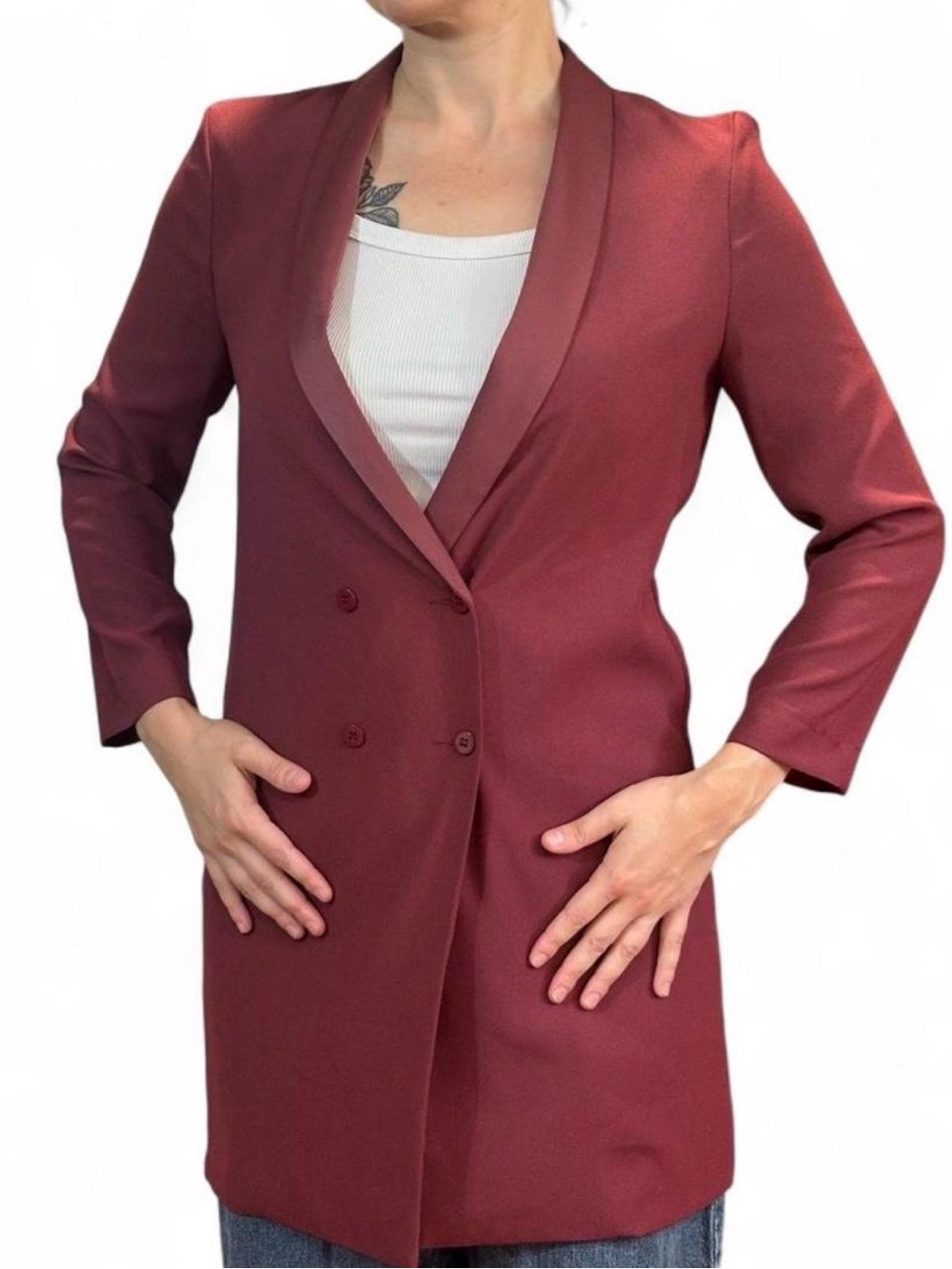 Topshop Burgundy Double Breasted Long Blazer Red Wine Office Preppy Size 4